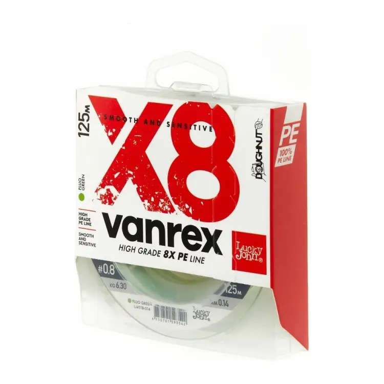 Плетеная леска Lucky John Vanrex х8 BRAID Fluo Green 125/014 LJ4118-014