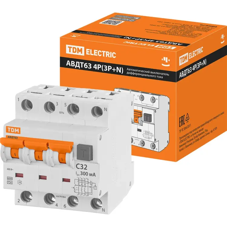Дифавтомат TDM ELECTRIC АВДТ 63 4п, C32, 300 мА SQ0202-0027