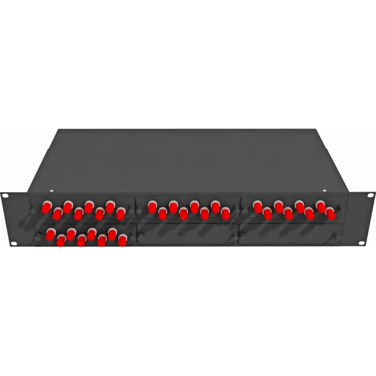 Укомплектованный одномодовый стоечный оптический кросс TopLan КРС-Top-2U-32ST/U-OS2-BK