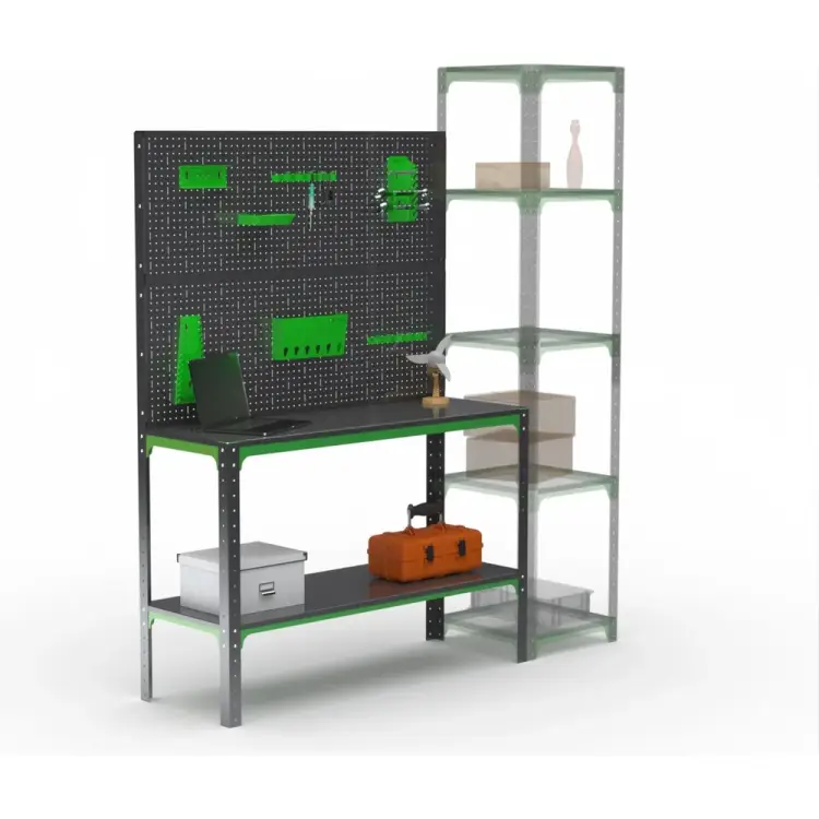 Стол-верстак ООО Металекс серия KIT 950х1200х400, одна полка + двойная перфопанель с комплектом аксессуаров, серо-зеленый 204192