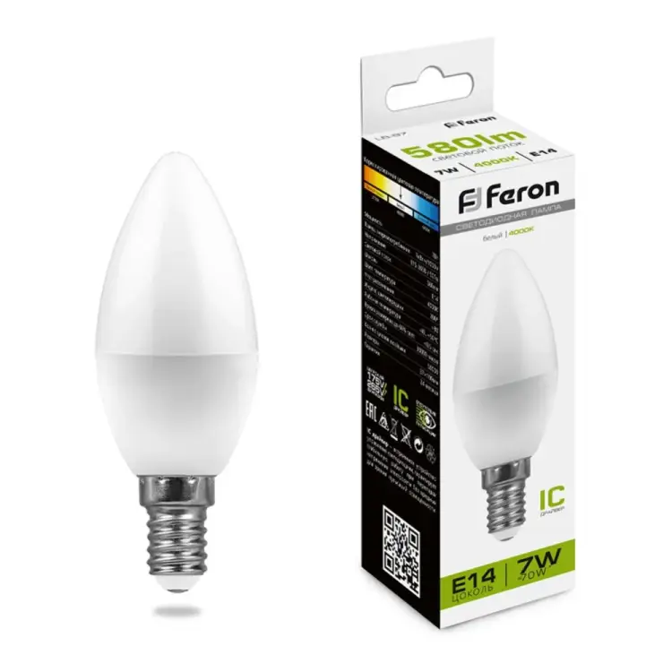 Светодиодная лампа FERON LB-97 Свеча E14 7W 4000K 25476