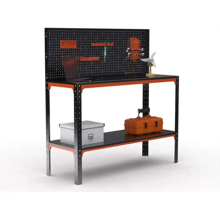 Стол-верстак ООО Металекс серия KIT 950х1300х500 мм, одна полка + перфопанель с комплектом аксессуаров, оранжево-чёрный 204613