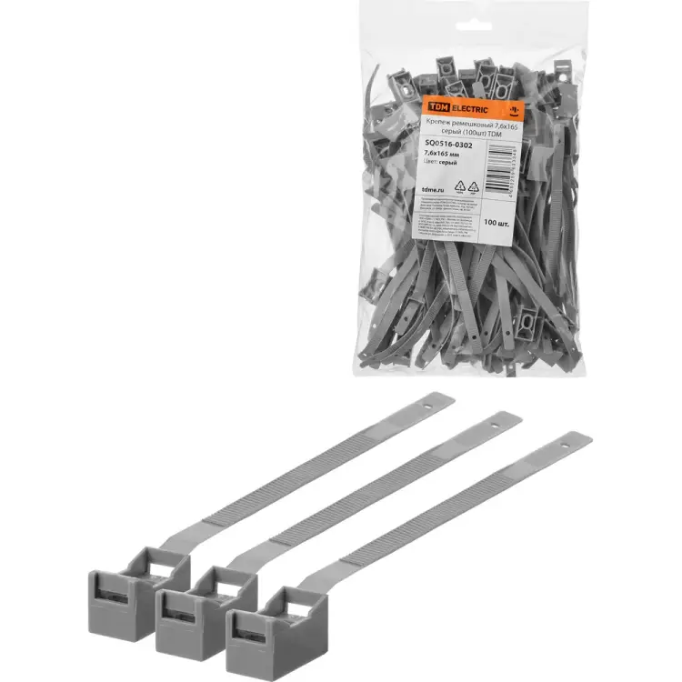 Ремешковый крепеж TDM ELECTRIC 7,6x165 серый (100 шт.) SQ0516-0302