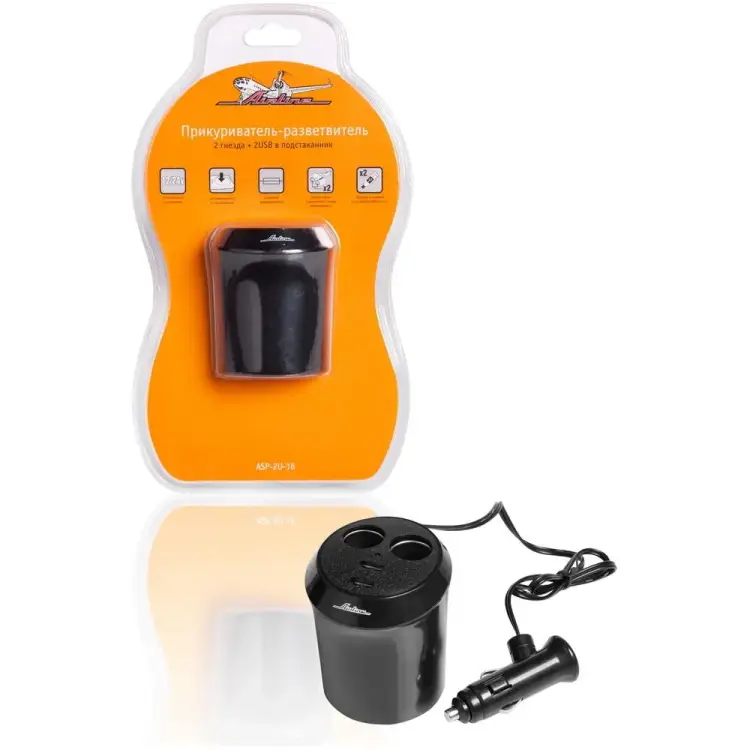 Прикуриватель-разветвитель в подстаканник Airline ASP-2U-16
