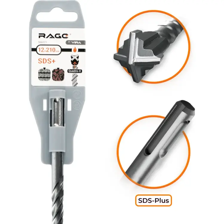 Бур по бетону RAGE Quadro-X 12x210 мм, SDS-plus rage by 566221