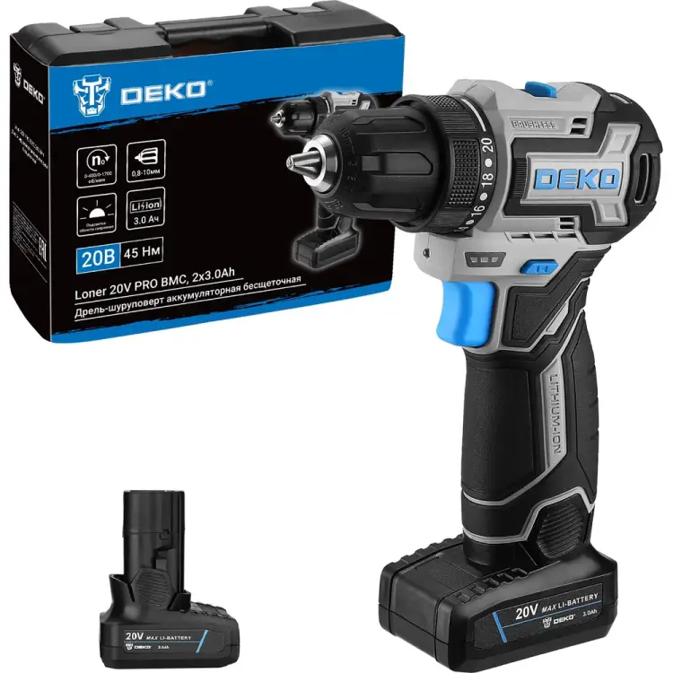 Аккумуляторная бесщеточная компактная дрель шуруповерт DEKO Loner 085-1010 Аккумуляторная бесщеточная компактная дрель шуруповерт DEKO Loner 085-1010