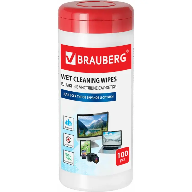 Влажные чистящие салфетки для экранов и пластика BRAUBERG 510122