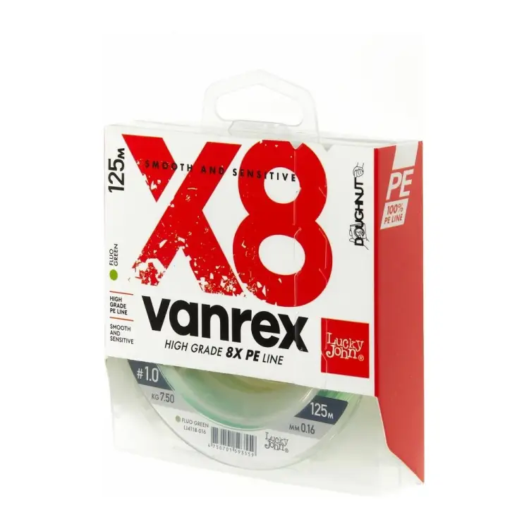 Плетеная леска Lucky John Vanrex х8 BRAID Fluo Green 125/016 LJ4118-016