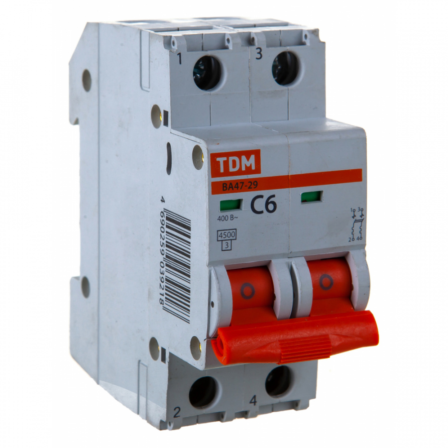 Автомат TDM ВА47-29 2Р, 6 А, 4,5 кА, С