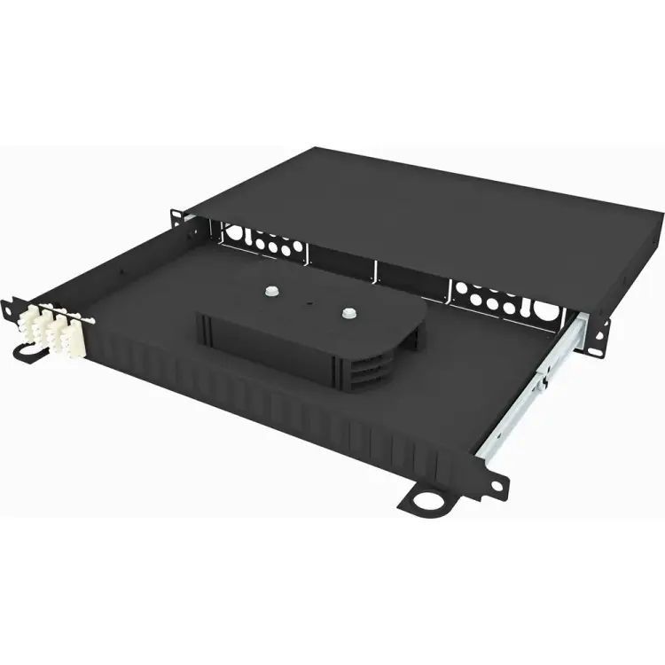 Укомплектованный стоечный выдвижной оптический кросс TopLan КРСв-Top-1U-16LC/U-OM2-BK