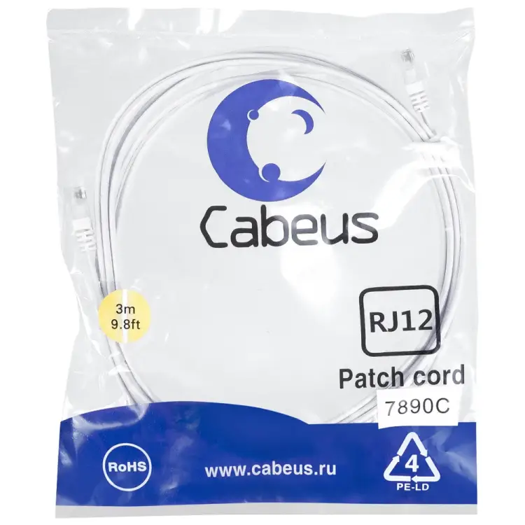Телефонный патч-корд Cabeus PC-TEL-RJ12-3m Телефонный патч-корд Cabeus PC-TEL-RJ12-3m