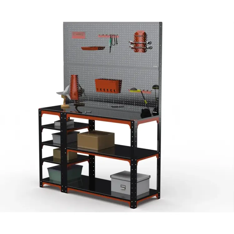 Стол-верстак ООО Металекс KIT 950х1500х600 (с бок. полками, двумя перфопанелями и комп. аксессуаров) (оранжево-чёрный) 204597