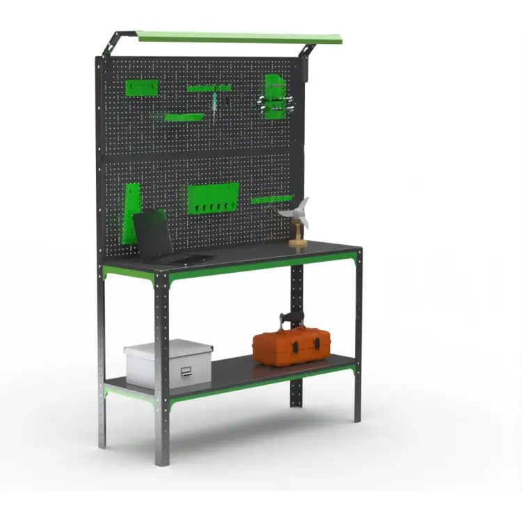 Стол-верстак ООО Металекс KIT 950х1600х500 мм, одна полка + двойная перфопанель с комплектом освещения, серо-зеленый 204427