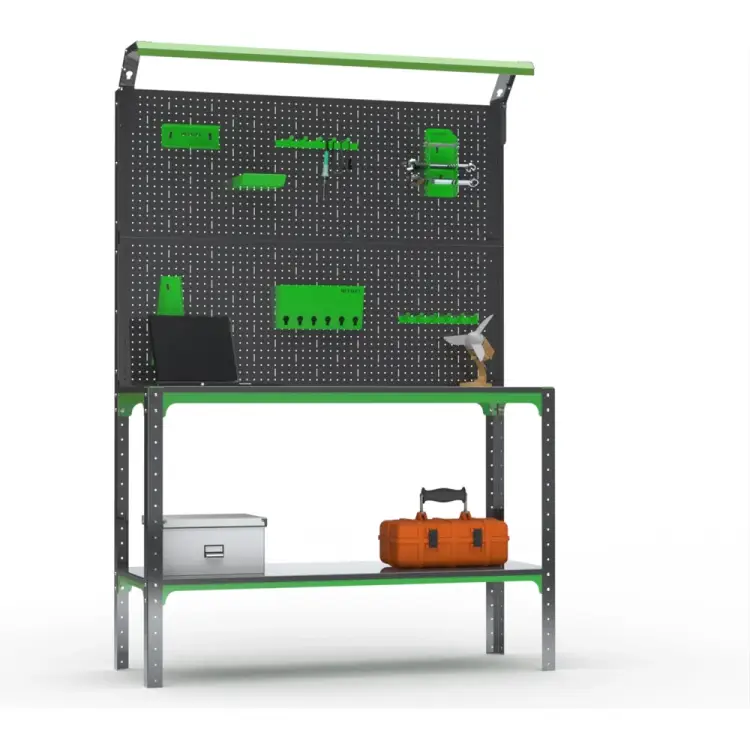 Стол-верстак ООО Металекс KIT 950х1700х500 мм, одна полка + двойная перфопанель с комплектом освещения, серо-зеленый 204428