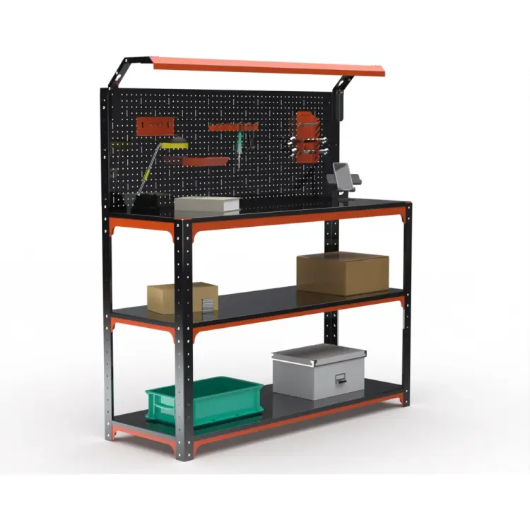 Стол-верстак ООО Металекс KIT 950х1400х600 (2-е полки, + перфопанель с комплектом освещения) (оранжево-чёрный) 204872