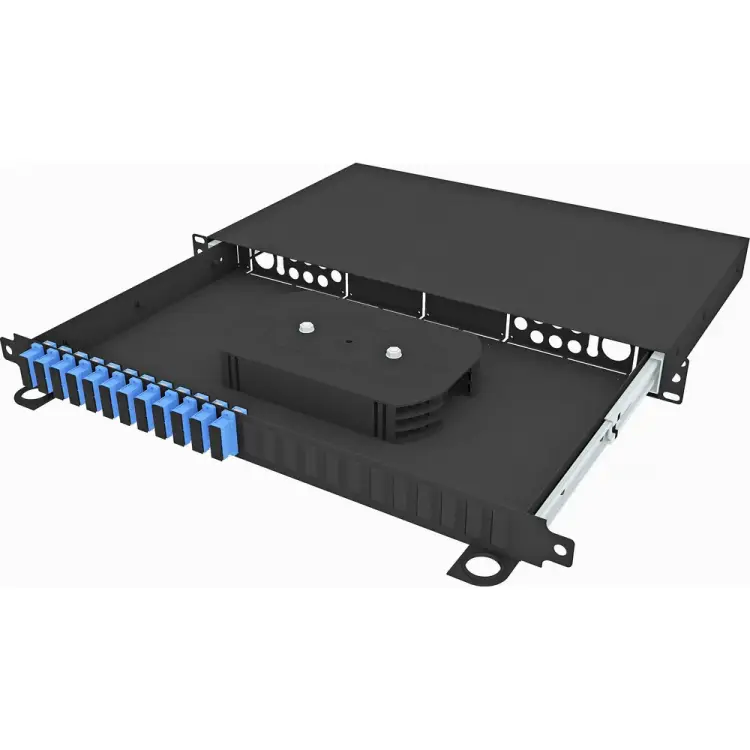 Оптический выдвижной укомплектованный стоечный кросс TopLan КРСв-Top-1U-24SC/U-OS2-BK