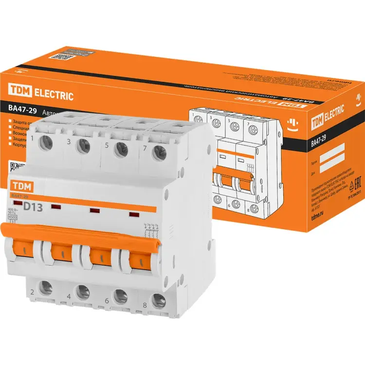 Автомат TDM ELECTRIC ВА47-29 4Р, 13 А, 4,5 кА, D SQ0206-0188