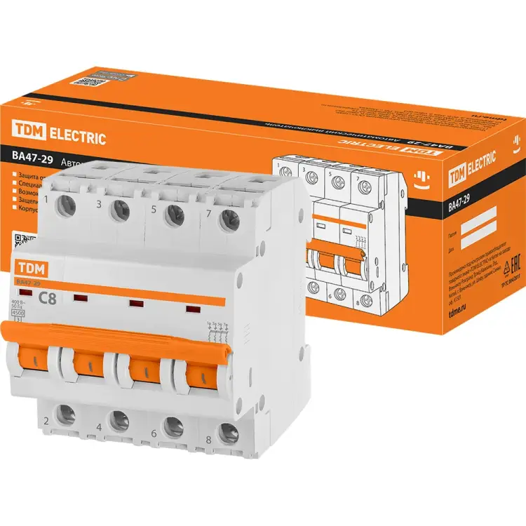 Автомат TDM ELECTRIC ВА47-29 4Р, 8 А, 4,5 кА, С SQ0206-0122