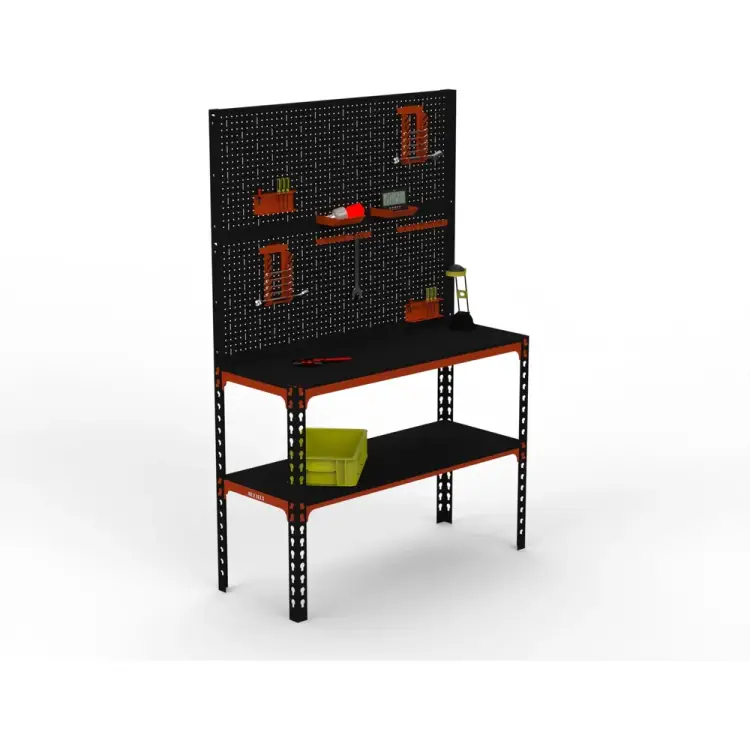 Стол-верстак ООО Металекс 950x1400x400 мм, одна полка + двойная перфопанель с комплектом аксессуаров оранжево-чёрный 111113