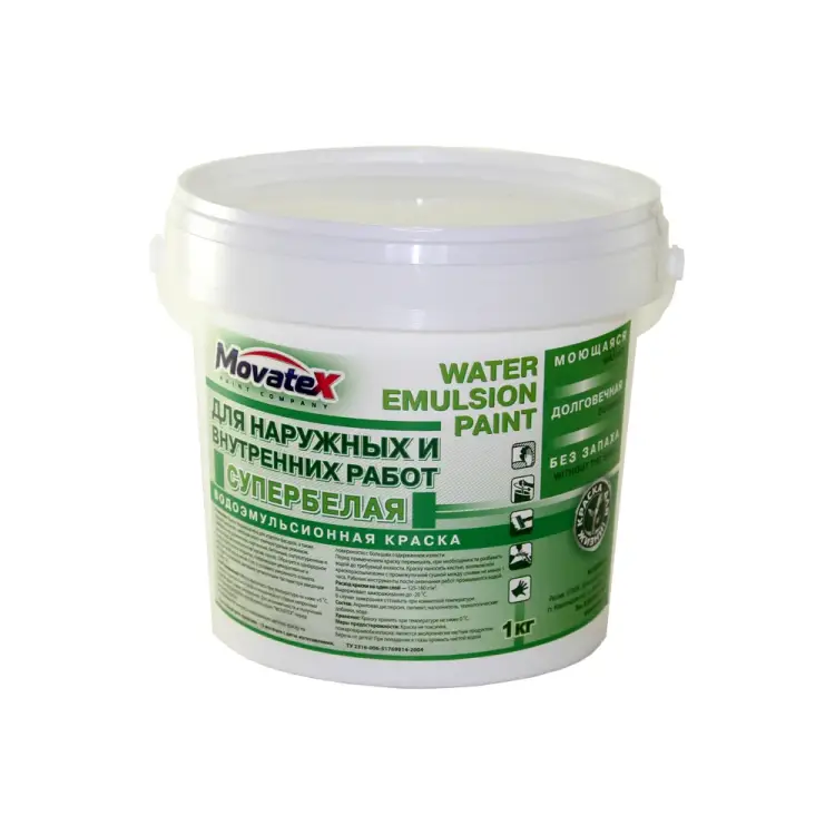 Моющаяся водоэмульсионная краска для наружных и внутренних работ Movatex Т02320 Моющаяся водоэмульсионная краска для наружных и внутренних работ Movatex Т02320