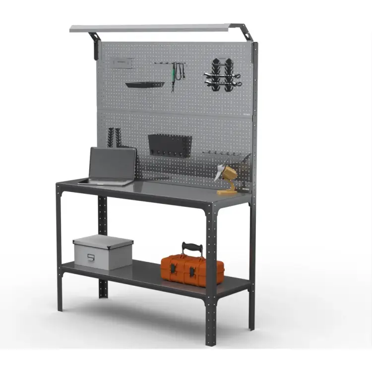 Стол-верстак ООО Металекс серия KIT 950х1000х400 мм, одна полка + двойная перфопанель с комплектом освещения, серый 205342