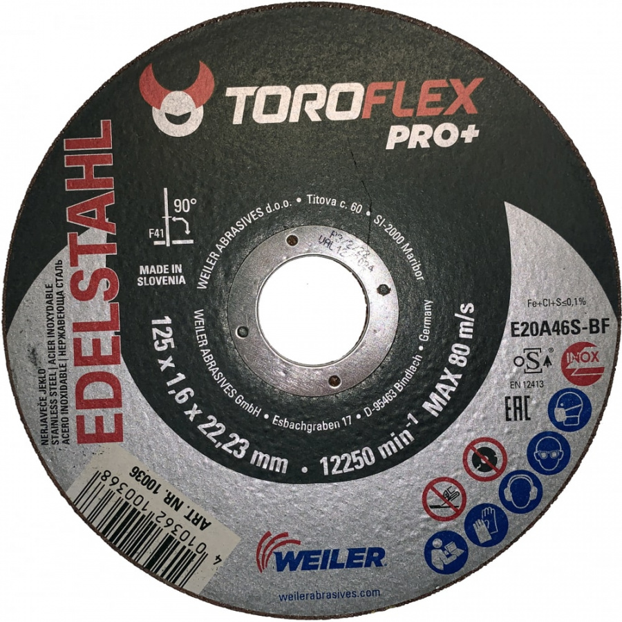 Круг отрезной по нержавеющей стали TOROFLEX E20A46S-BF PRO+