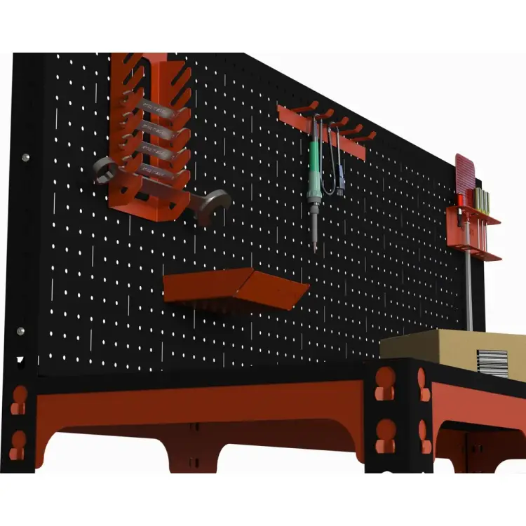 Стол-верстак ООО Металекс 950x1100x600 с бок. полками, перфопанелью и комп. аксессуаров оранжево-чёрный 111020