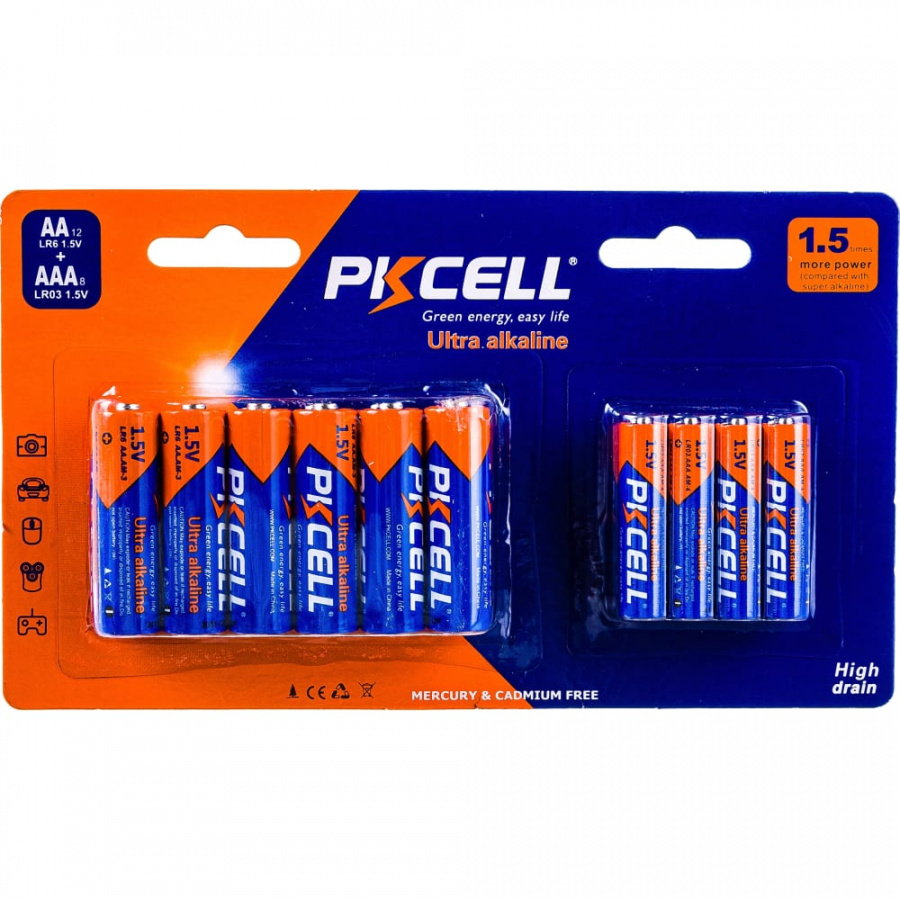 Щелочной алкалиновый элемент питания PKCell LR6(12)+LR03(8)