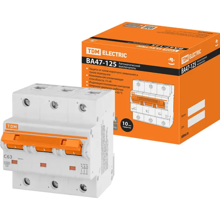 Автомат TDM ELECTRIC ВА47-125 3Р, 63 А, 15 кА, С SQ0208-0081