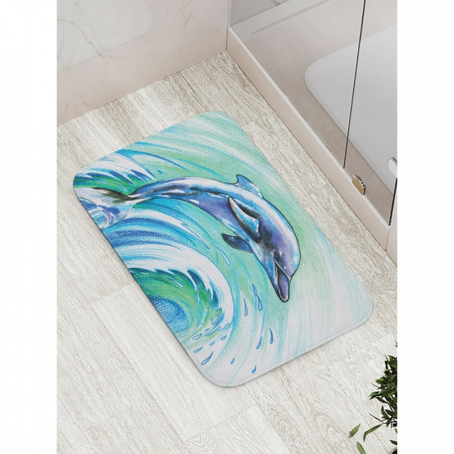 Противоскользящий коврик для ванной, сауны, бассейна JOYARTY Акварельный дельфин на волне