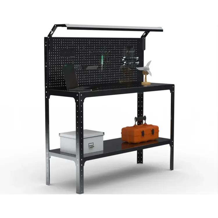 Стол-верстак ООО Металекс серия KIT 950х1700х500 (одна полка + перфопанель с комплектом освещения) (черный) 205850