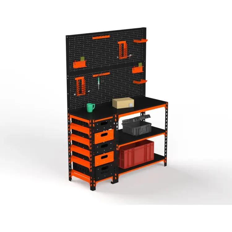 Стол-верстак ООО Металекс c одной тумбой, 950x1400x500 мм + двойная перфопанель с комплектом аксессуаров оранжево-чёрный 111193