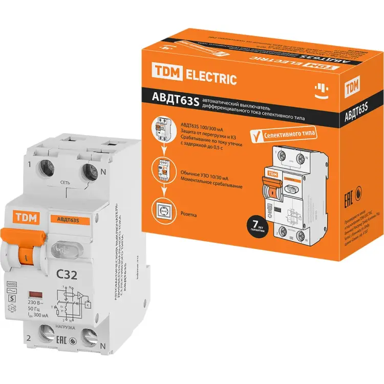 Автоматический выключатель дифференциального тока TDM ELECTRIC АВДТ 63S SQ0202-0037