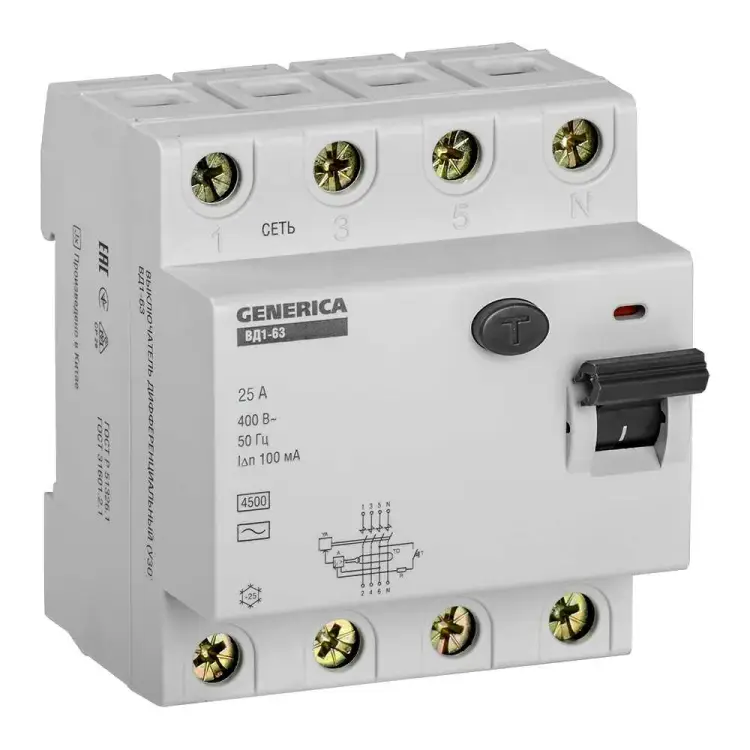 Дифференциальный выключатель GENERICA УЗО ВД1-63 MDV15-4-025-100