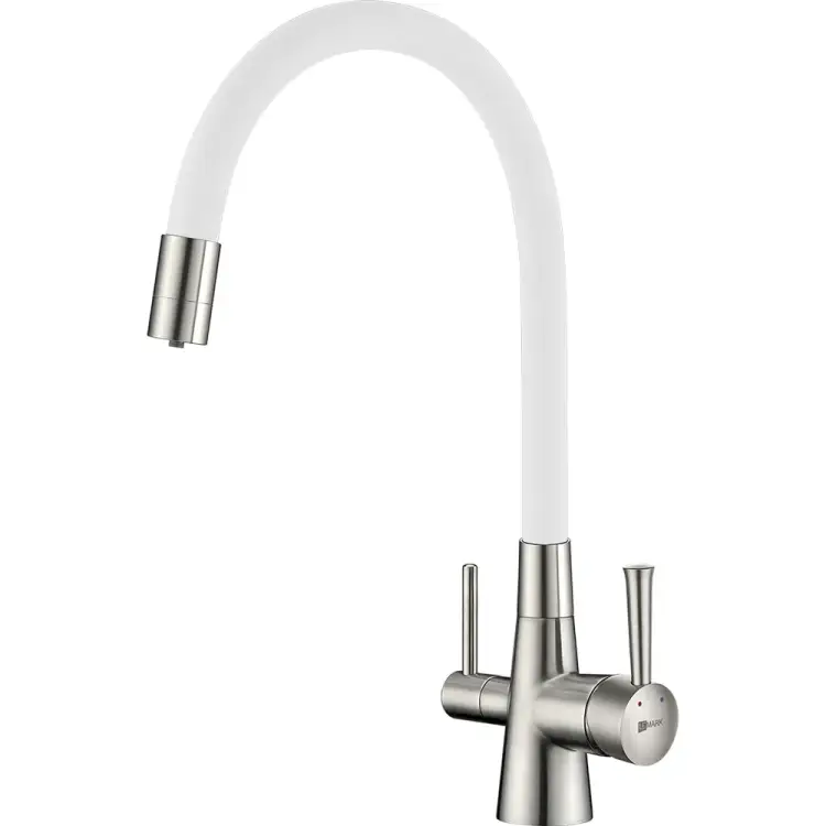 Смеситель для кухни Lemark Комфорт с гибким изливом, с подключением к фильтру питьевой воды, никель/белый LM3075BN-White