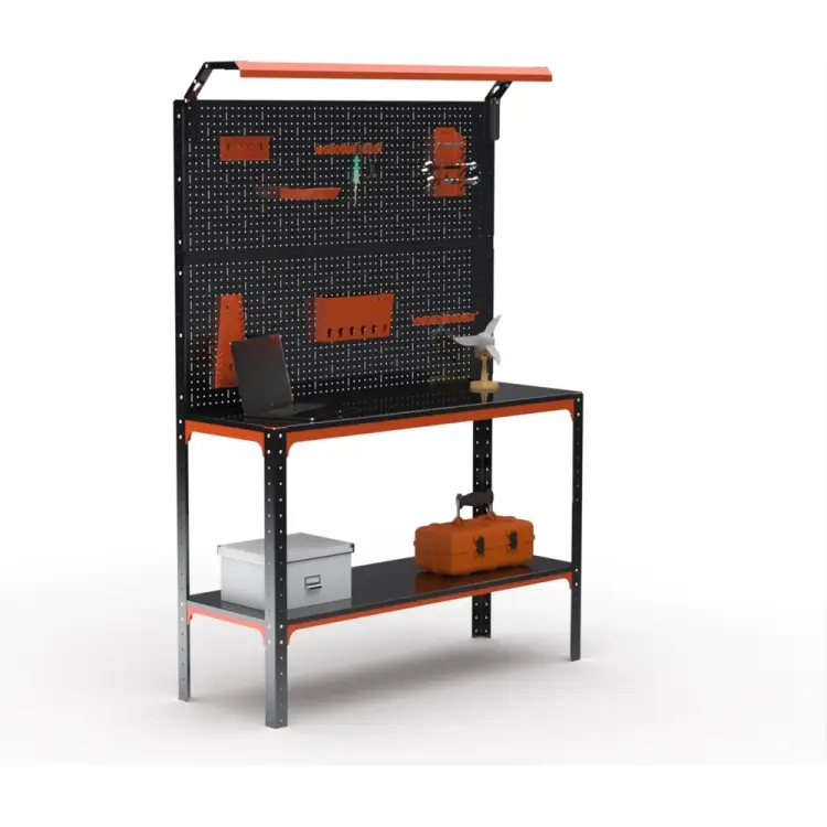 Стол-верстак ООО Металекс серия KIT 950х1300х400 мм, одна полка + двойная перфопанель с комплектом освещения, оранжево-чёрный 204880