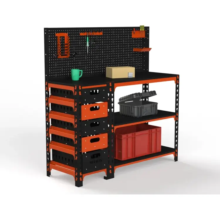 Стол-верстак ООО Металекс c одной тумбой, 950x1400x500 мм + перфопанель с комплектом аксессуаров оранжево-чёрный 111181