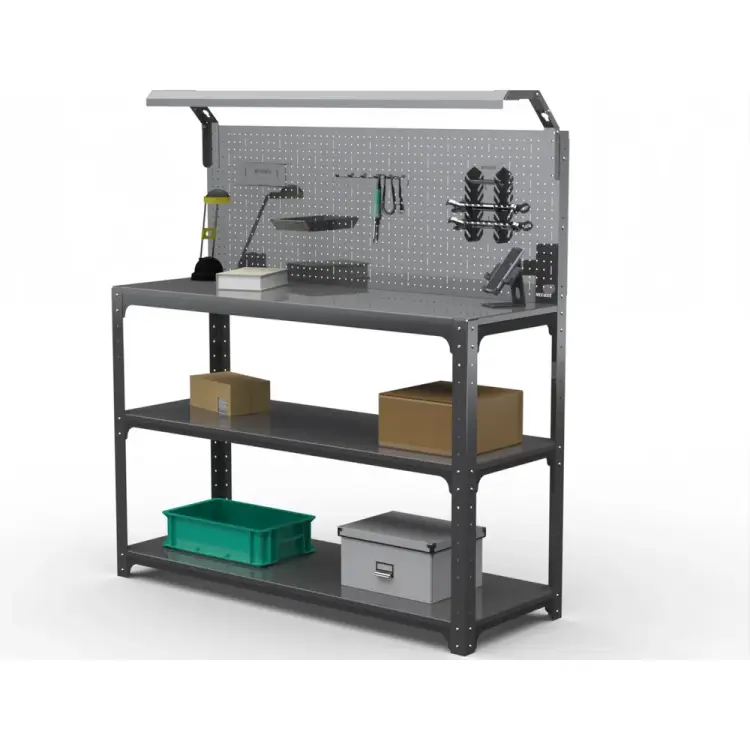 Стол-верстак ООО Металекс серия KIT 950х1400х500 мм, 2-е полки + перфопанель с комплектом освещения, серый 205328