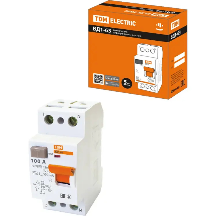 Узо TDM ELECTRIC ВД1-63 2Р 100А 500мА SQ0203-0102