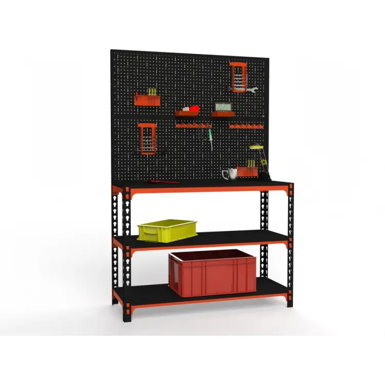 Стол-верстак ООО Металекс 950x1100x400 мм, две полки + двойная перфопанель с комплектом аксессуаров оранжево-чёрный 111137