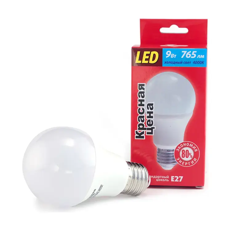 Светодиодная лампа КРАСНАЯ ЦЕНА A60 9W E27 4000K 765лм 4606400619208