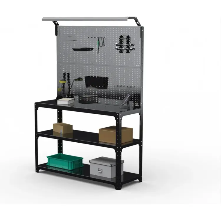 Стол-верстак ООО Металекс KIT 950х1300х600 мм, 2-е полки, двойная перфопанель с комплектом освещения, черный 205774
