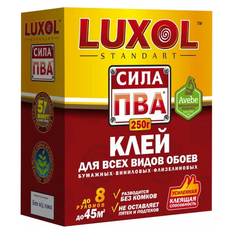 Обойный клей LUXOL Standart сила ПВА сила ПВА (Standart) 250г. Обойный клей LUXOL Standart сила ПВА сила ПВА (Standart) 250г.