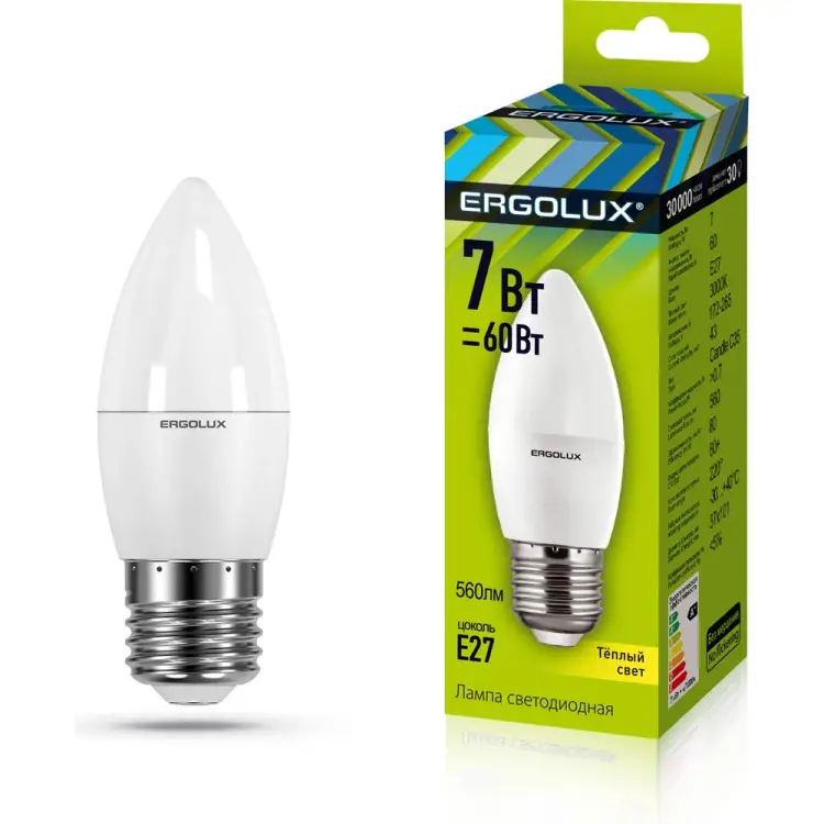 Электрическая светодиодная лампа Ergolux LED-C35-7W-E27-3K Свеча 13297