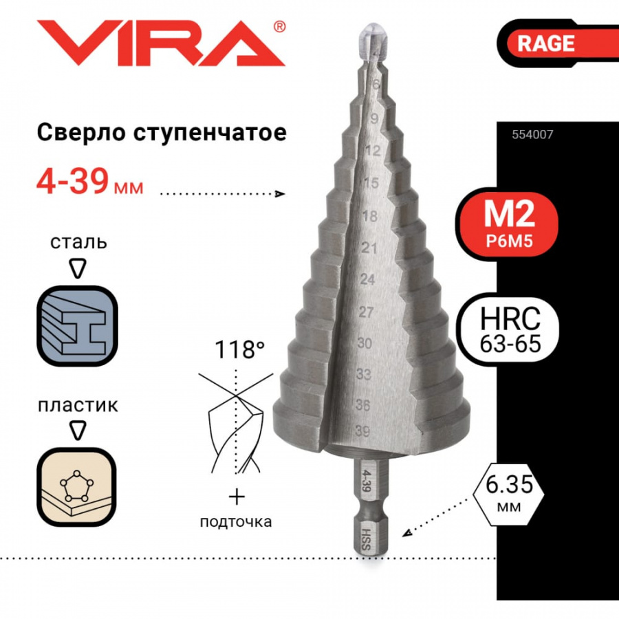 Ступенчатое сверло по металлу VIRA RAGE