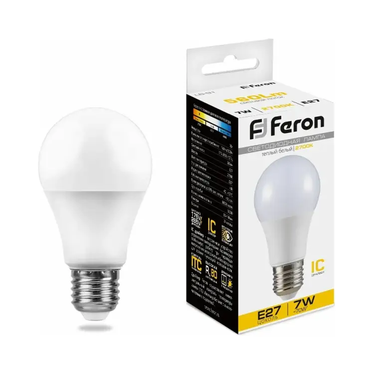Светодиодная лампа FERON LB-91 Шар E27 7W 2700K 25444