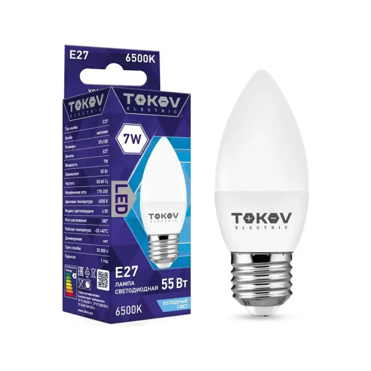 Светодиодная лампа TOKOV ELECTRIC TKE-C37-E27-7-6,5K