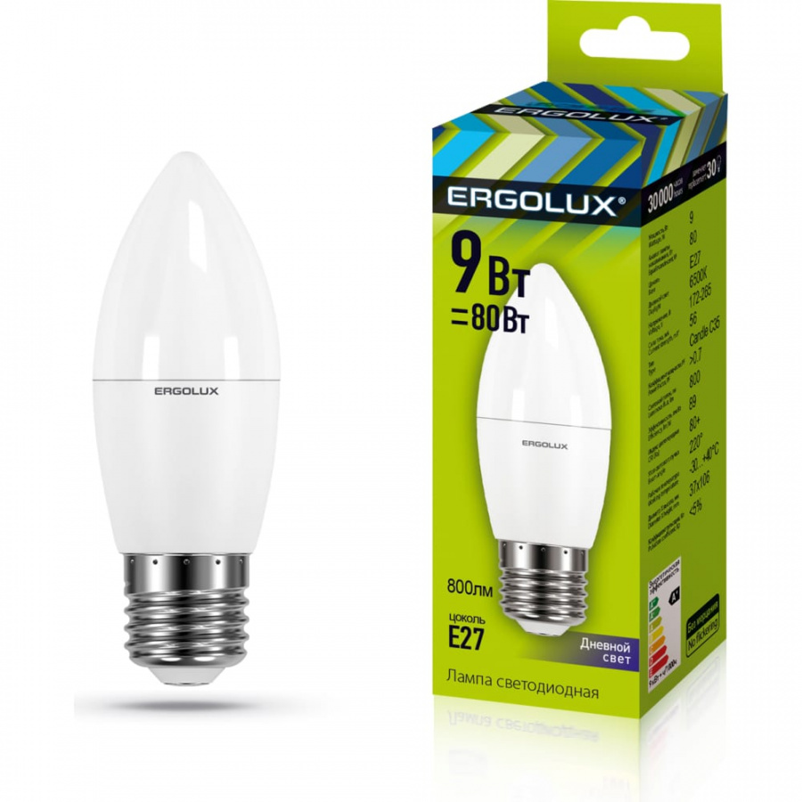 Электрическая светодиодная лампа Ergolux LED-C35-9W-E27-6K Свеча