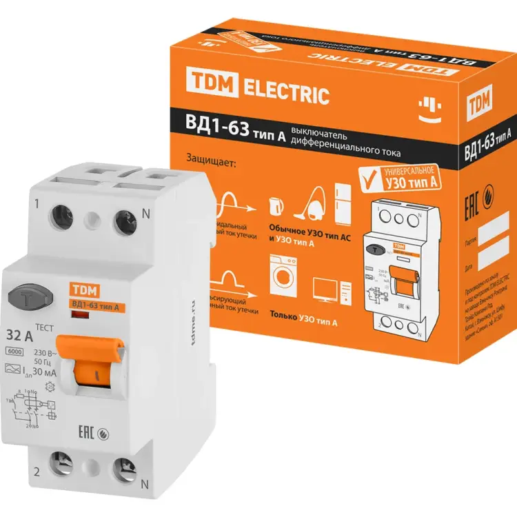 Узо TDM ELECTRIC ВД1-63 2Р 32А 30мА тип А SQ0203-0077