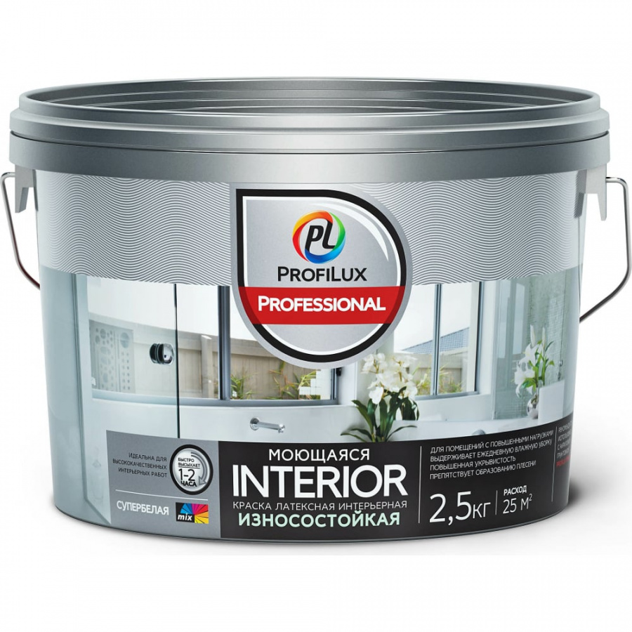 Моющаяся вододисперсионная латексная краска для стен и потолков Profilux Professional INTERIOR